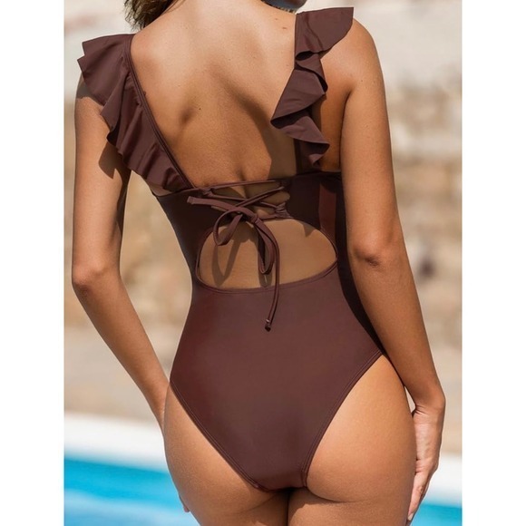 Cupshe Other - NEW Cupshe Brown Ruffle Large Lace Up Back Tummy Control One Piece Swimsuit